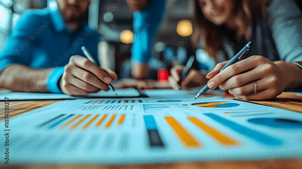Poster group of professionals analyzing financial reports and graphs in a collaborative workspace meeting.
