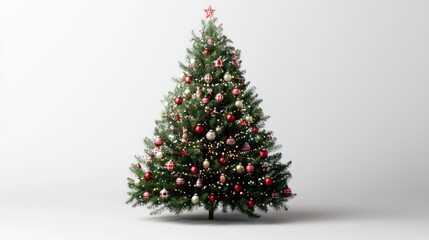Decorated christmas tree with ornaments and lights, PNG style, transparent background for festive holiday designs  
