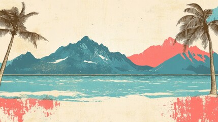 retro illustration of seaside mountains and beach vacation theme