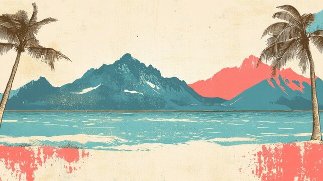 retro illustration of seaside mountains and beach vacation theme