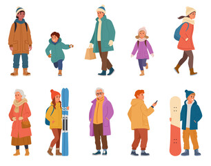 Vector illustration in flat style depicts eight people dressed in winter clothing.