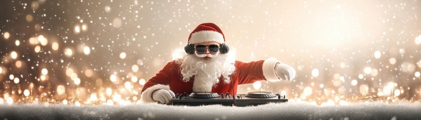 Festive Santa DJ mixing at a vibrant holiday party.