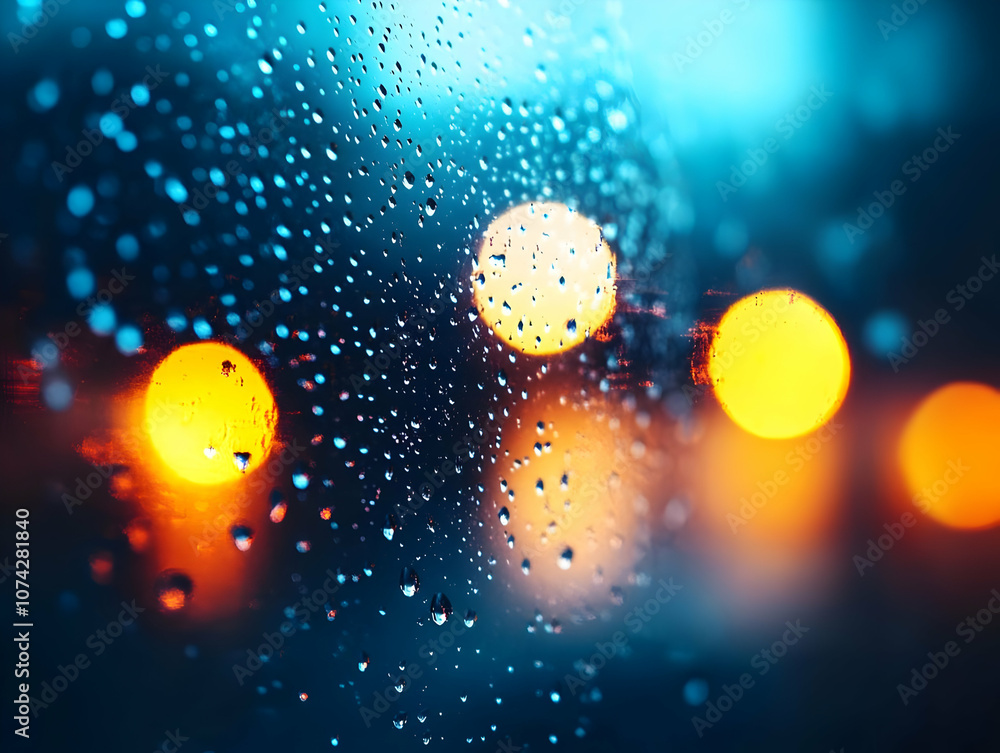 Poster raindrops on a window create a soft, blurred effect with glowing lights in the background, conveying