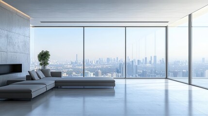 Fototapeta premium Modern minimalist living room with panoramic city view showcasing sleek furniture, large windows, and serene ambiance for contemporary lifestyle enthusiasts