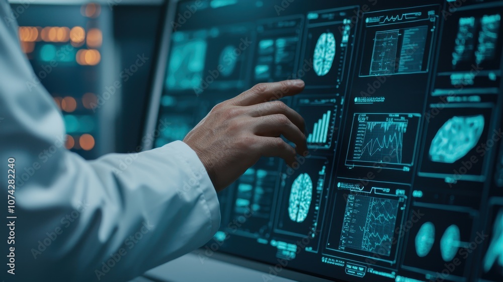 Poster a healthcare professional analyzes medical imaging data on a digital screen, focusing on brain scans