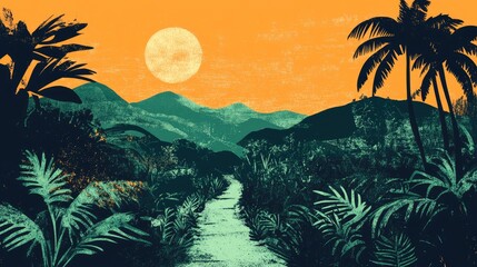 Retro illustration of a scenic side valley pathway with lush greenery and serene landscapes
