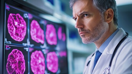 A focused doctor analyzes cancerous cells displayed on a screen, emphasizing the intersection of technology and medical research.