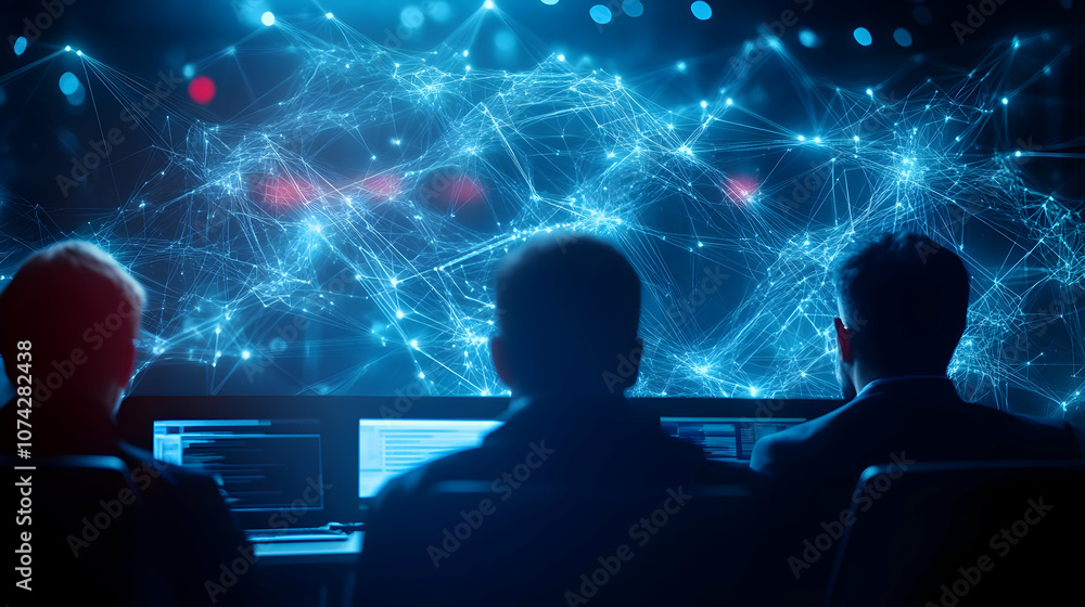 Poster three people analyzing data on screens with a digital network graphic in the background, symbolizing