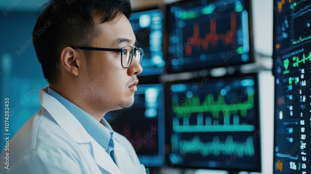 Poster a focused healthcare professional analyzes complex data from multiple monitors in a clinical setting