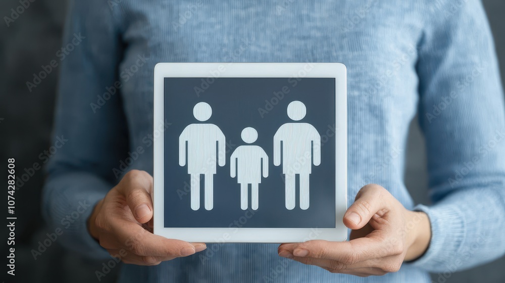 Poster a person holds a tablet displaying figures representing different family members, indicating a theme