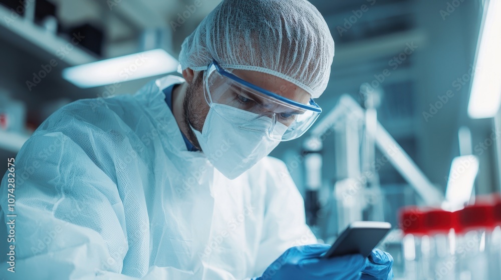 Poster a scientist in protective gear examines data on a smartphone in a laboratory setting, showcasing mod