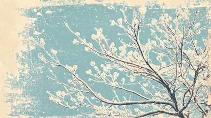 Retro coloring page of a frosty maple tree branch in winter with icy details