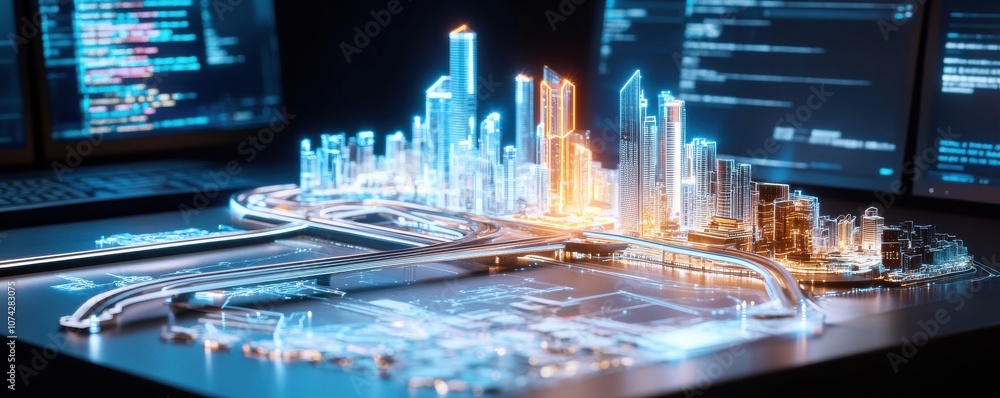 Poster futuristic cityscape model with digital interfaces on display.