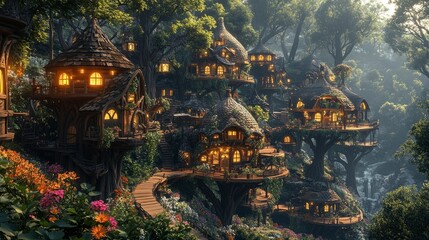 Obraz premium Enchanted Forest with Whimsical Tree Houses Surrounded by Vivid Flora and Glowing Windows, Inviting Serenity and Magic at Dusk in a Fairy Tale Landscape