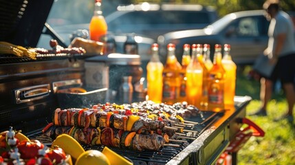A shot of a tailgate party with a table set up with an array of zeroalcohol drinks and a grill cooking up delicious game day fare nearby.
