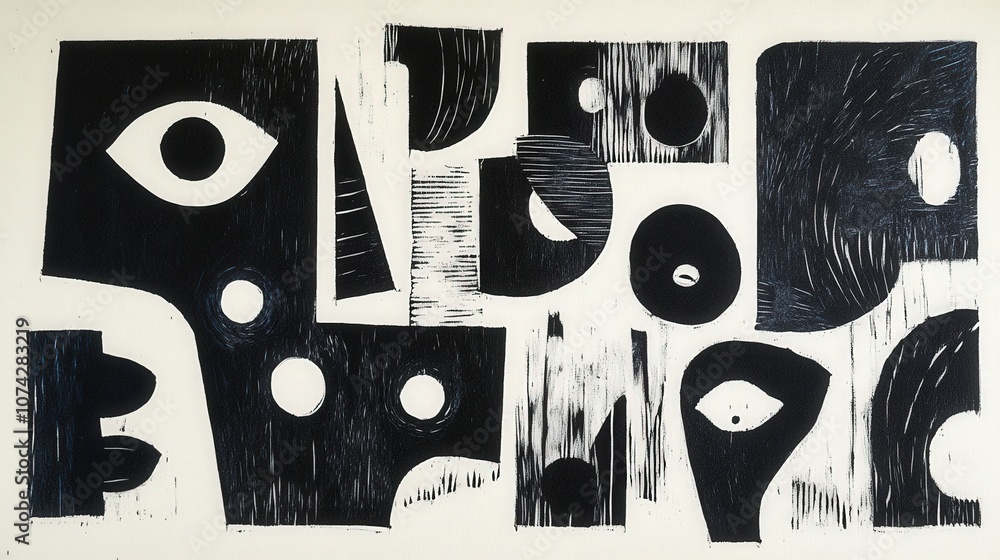 Poster abstract monochrome artwork featuring geometric shapes and striking patterns including eyes and vari
