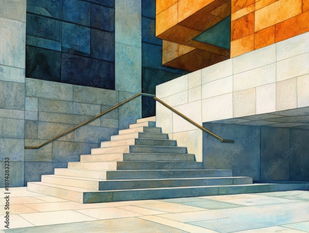 Poster ascending steps in watercolor style featuring abstract geometric shapes and a theme in a corporate s