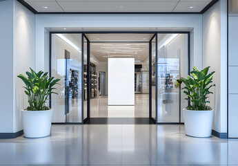 Modern Retail Store Entrance with Glass Doors and Potted Green Plants