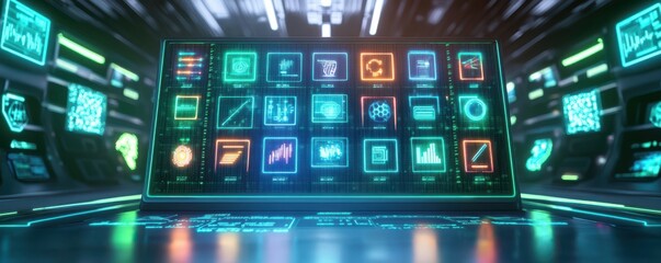 Obraz premium Futuristic interface displaying various data and analytics icons.