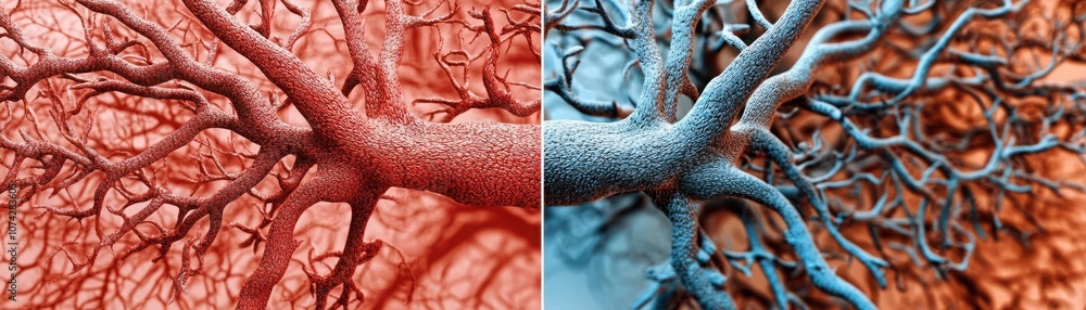Poster intricate cellular structures in red and blue tones illustrating complex networks of vascular or neu