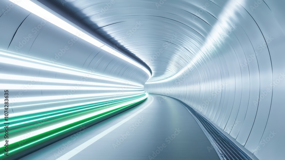 Poster futuristic tunnel with dynamic light trails and smooth curves.