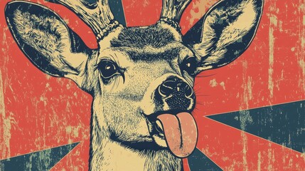 Close up illustration of a deer with its tongue sticking out
