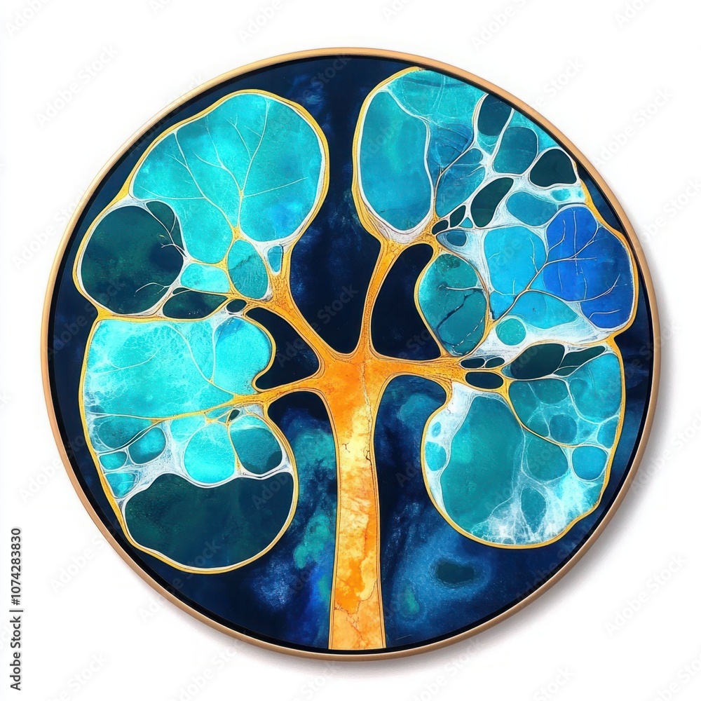Poster artistic illustration of a kidney in cross section displaying complex structures and vibrant colors,