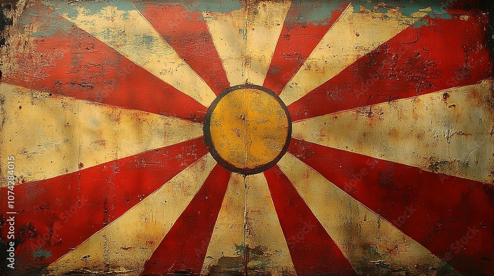 Poster abstract sunburst pattern on weathered surface with a yellow circle