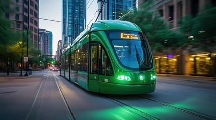 A green tram moving through an urban environment at dusk.