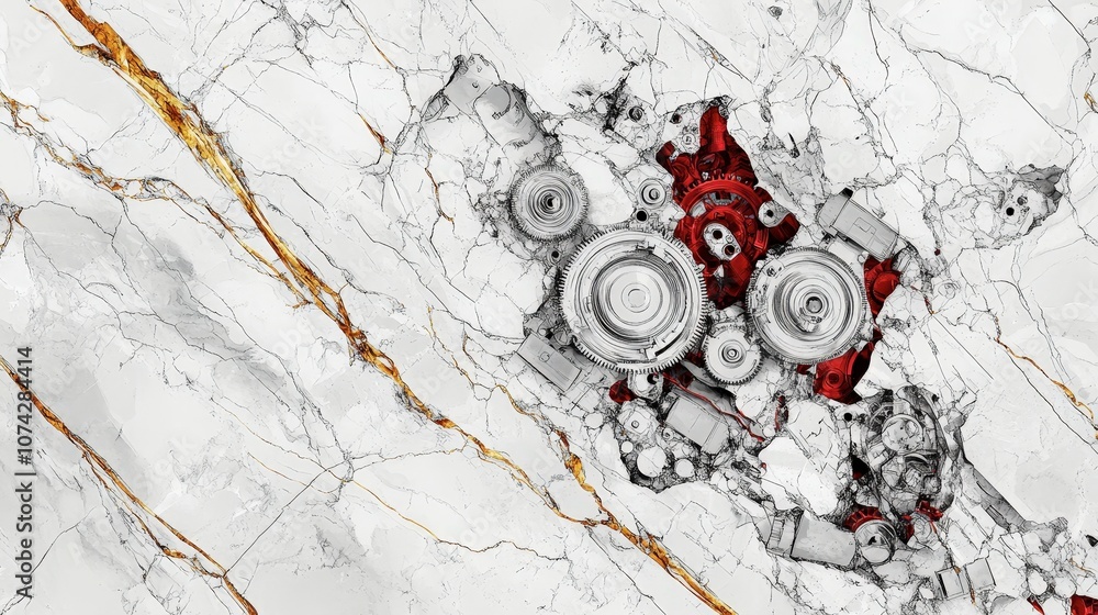 Poster abstract mechanical composition on white marble background with intricate gears and red highlights, 