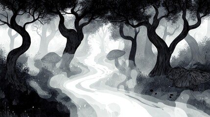 Enigmatic Black and White Forest Path with Whimsical Trees and Misty Atmosphere, Evoking Mystery and Tranquility in Nature's Embrace
