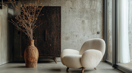 Obraz premium Beige Armchair and Footstool in Stylish Loft Interior Design