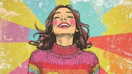 Retro coloring page of a joyful girl in a cozy sweater expressing happiness and positivity against a vibrant backdrop Emphasis on emotions youth and inspiration
