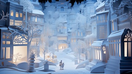 A paper cut of a snowy city street decorated with light ,generative ai illustration