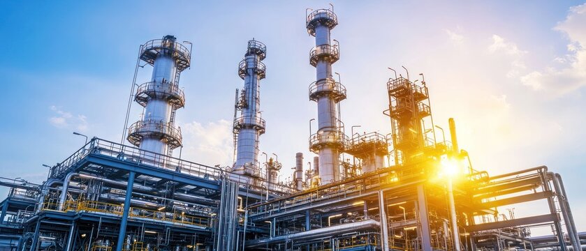 Industrial complex with tall structures and pipes under a bright sky.