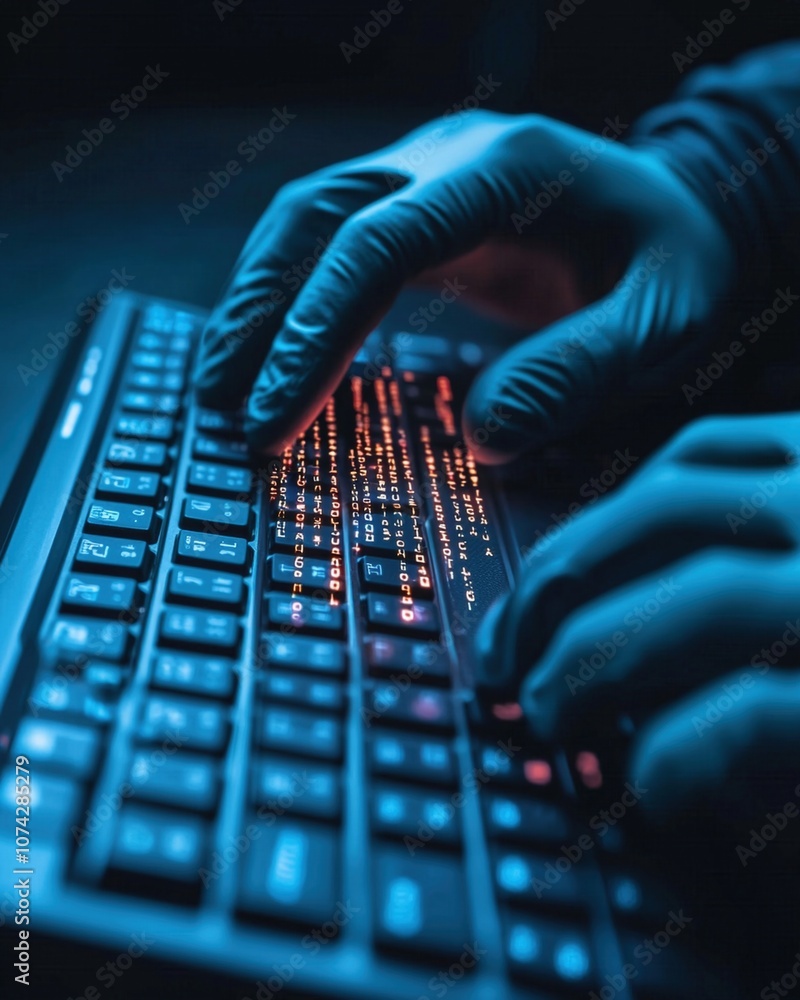 Poster close up of gloved hands typing on keyboard, illuminated by colorful lights, creating mysterious and