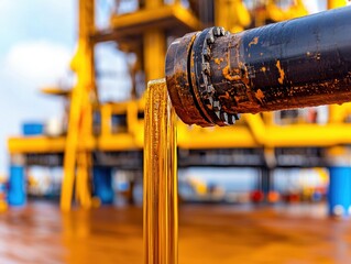 Close up of drilling mud flowing through pipe on oil rig, showcasing industrial process and equipment involved in oil extraction
