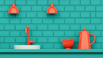 Modern Kitchen Sink Countertop with Red Faucet  Kettle and Lights   Minimalist Design