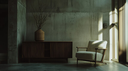 Minimalist Loft Living Room with White Armchair and Potted Plant