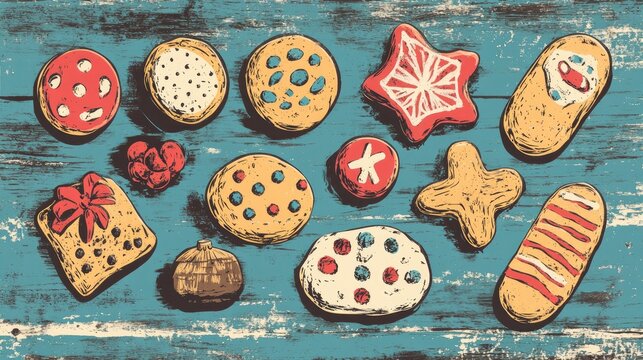 Retro illustration of assorted festive cookies on a wooden surface Holiday theme