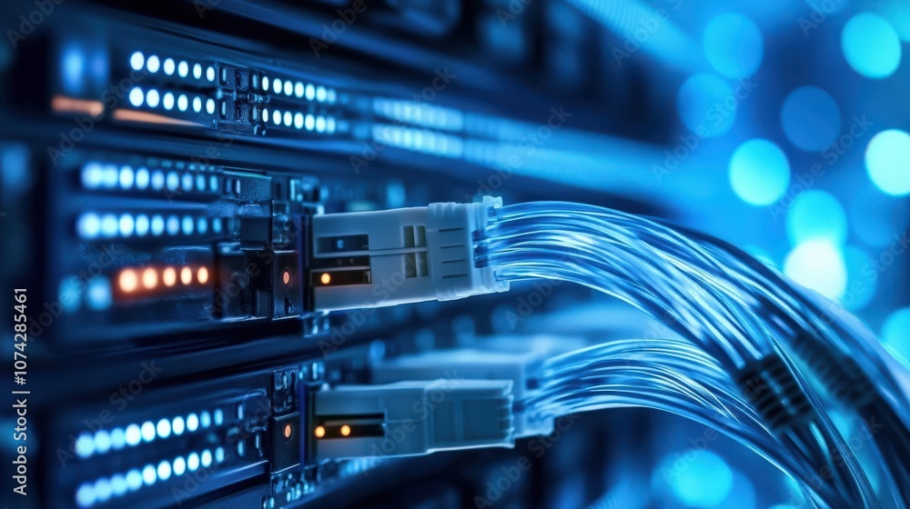 Aufkleber High-Detail Close-Up of Network Cables Connected to Data Server with Blue Light Reflection Creating a Futuristic Background for Technology and Connectivity Themes