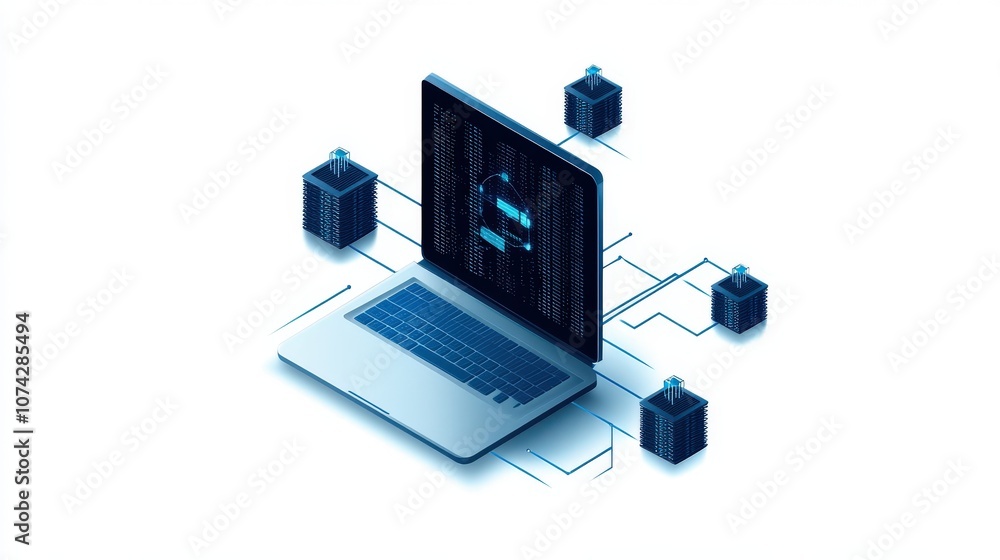 Aufkleber Modern Laptop Surrounded by Data Blocks and Binary Code Illustrating Technology, Connectivity, and Digital Transformation in a Futuristic Environment