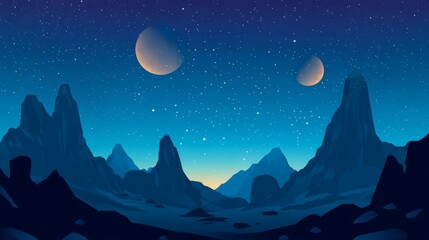 A serene night sky with two moons shining brightly over a vast, mountainous landscape.