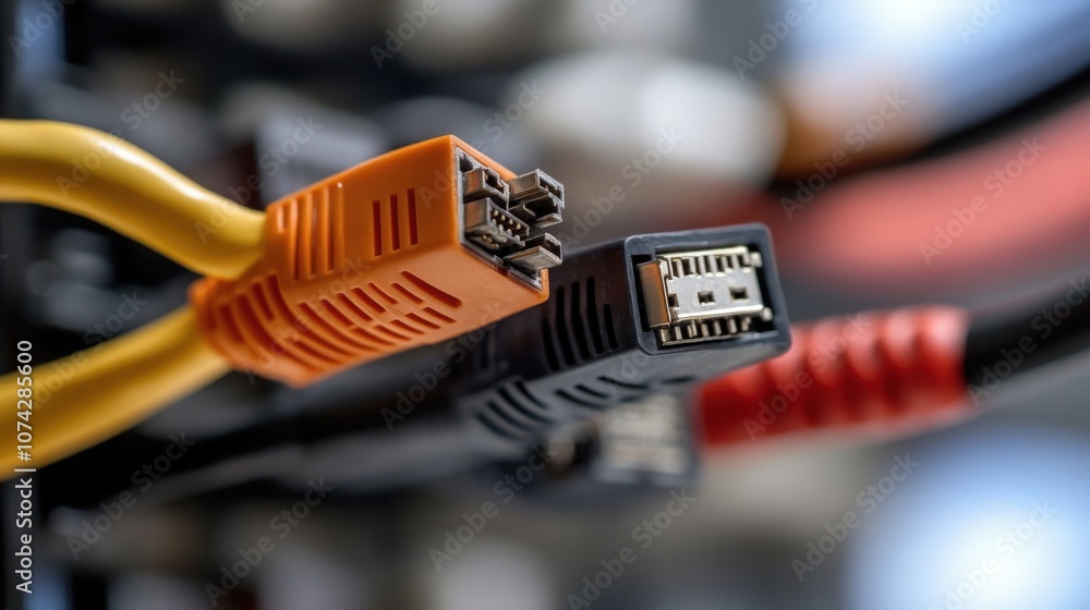 Poster Close-Up of Colorful Computer Cables with Connectors Highlighting Technology's Intricacies in Modern Electronics and Network Equipment