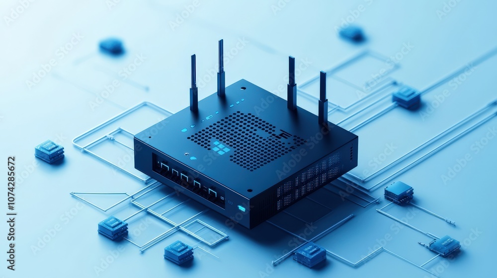 Poster modern wireless router with antennae surrounded by digital circuitry in a futuristic technology envi