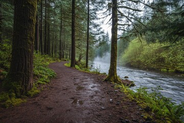 A winding forest path leading to a river with misty water.