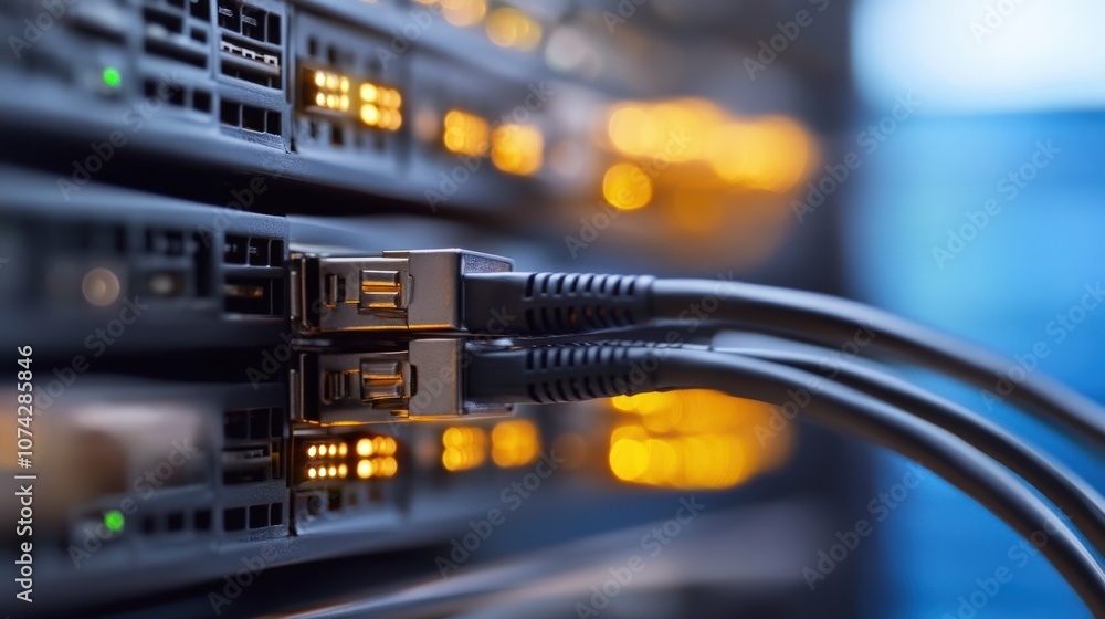 Poster Close-Up of Data Center Equipment with Illuminated Network Port Lights and USB Connections for Technology and IT Infrastructure Use