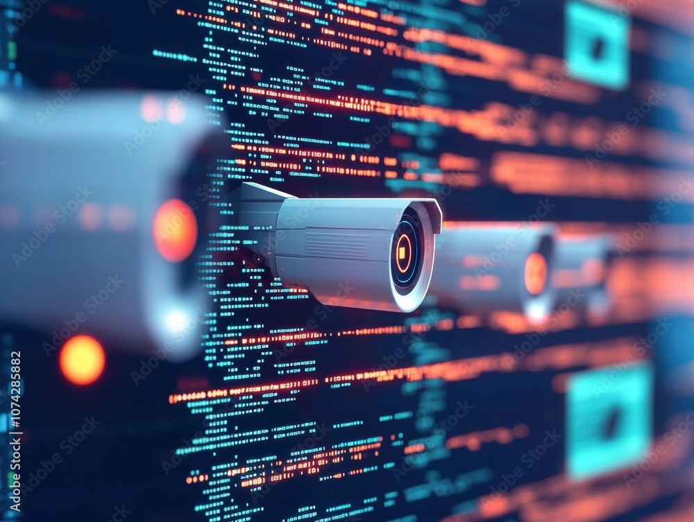 Poster security cameras monitoring digital data streams, showcasing surveillance technology and cybersecuri
