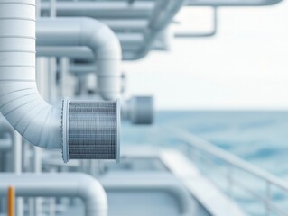 Oil platform ventilation system close up showcasing intricate piping and filters. serene ocean backdrop enhances industrial setting, emphasizing functionality and design
