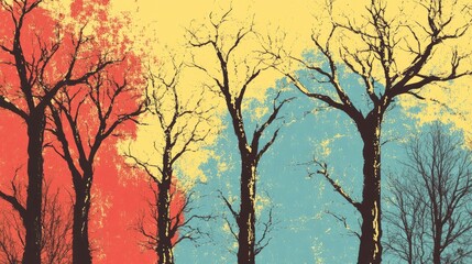 Coloring book illustration of bare trees in springtime with a clear sky